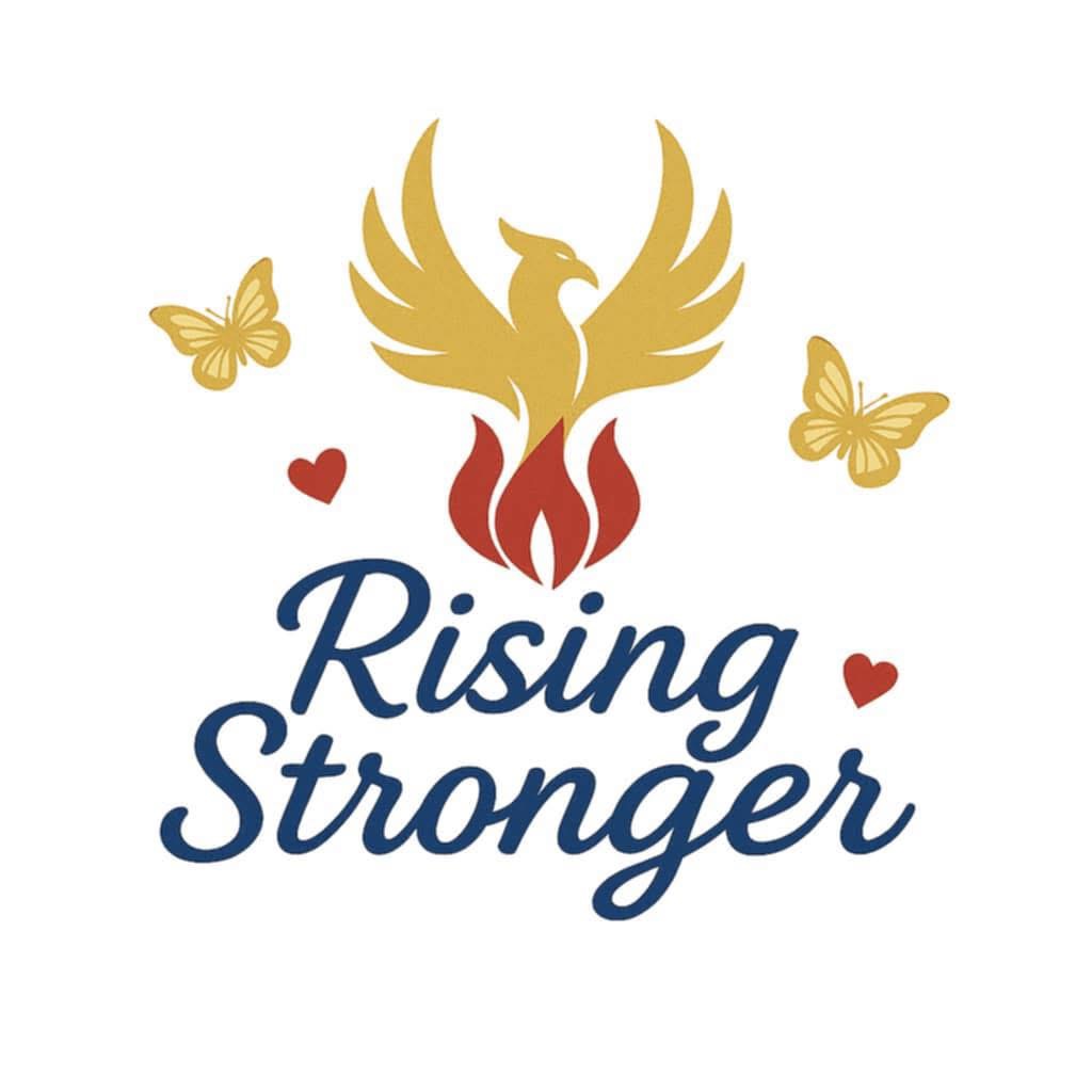The logo for rising stronger featuring butterflies, a phoenix rising from the flames and some love hearts